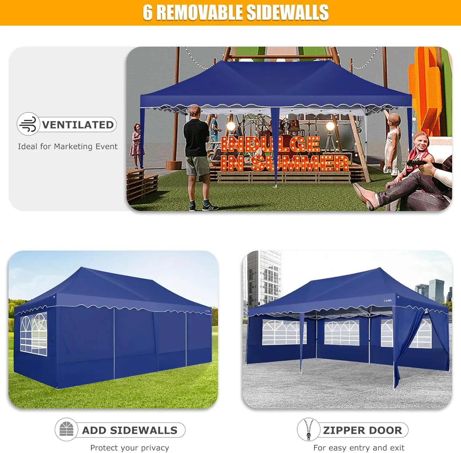 HOTEEL 10x20 Canopy Pop Up Canopy with 6 Sidewalls, Easy Setup Waterproof Tent for Parties, Wheeled Bag, 4 Weight Bag, UV50  Outdoor Event Tent, High Roof, Metal Leg, Navy