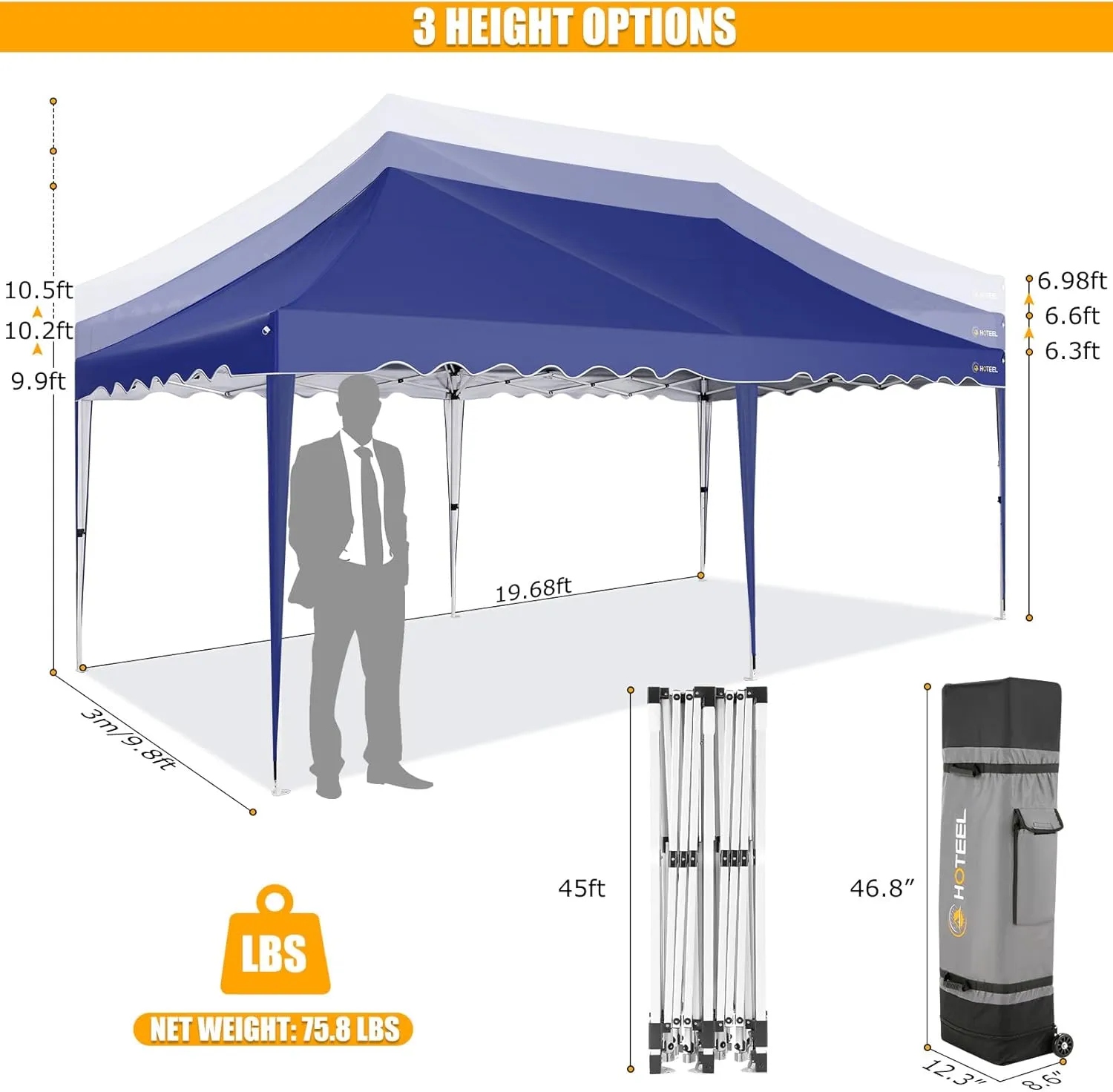 HOTEEL 10x20 Canopy Pop Up Canopy with 6 Sidewalls, Easy Setup Waterproof Tent for Parties, Wheeled Bag, 4 Weight Bag, UV50  Outdoor Event Tent, High Roof, Metal Leg, Navy