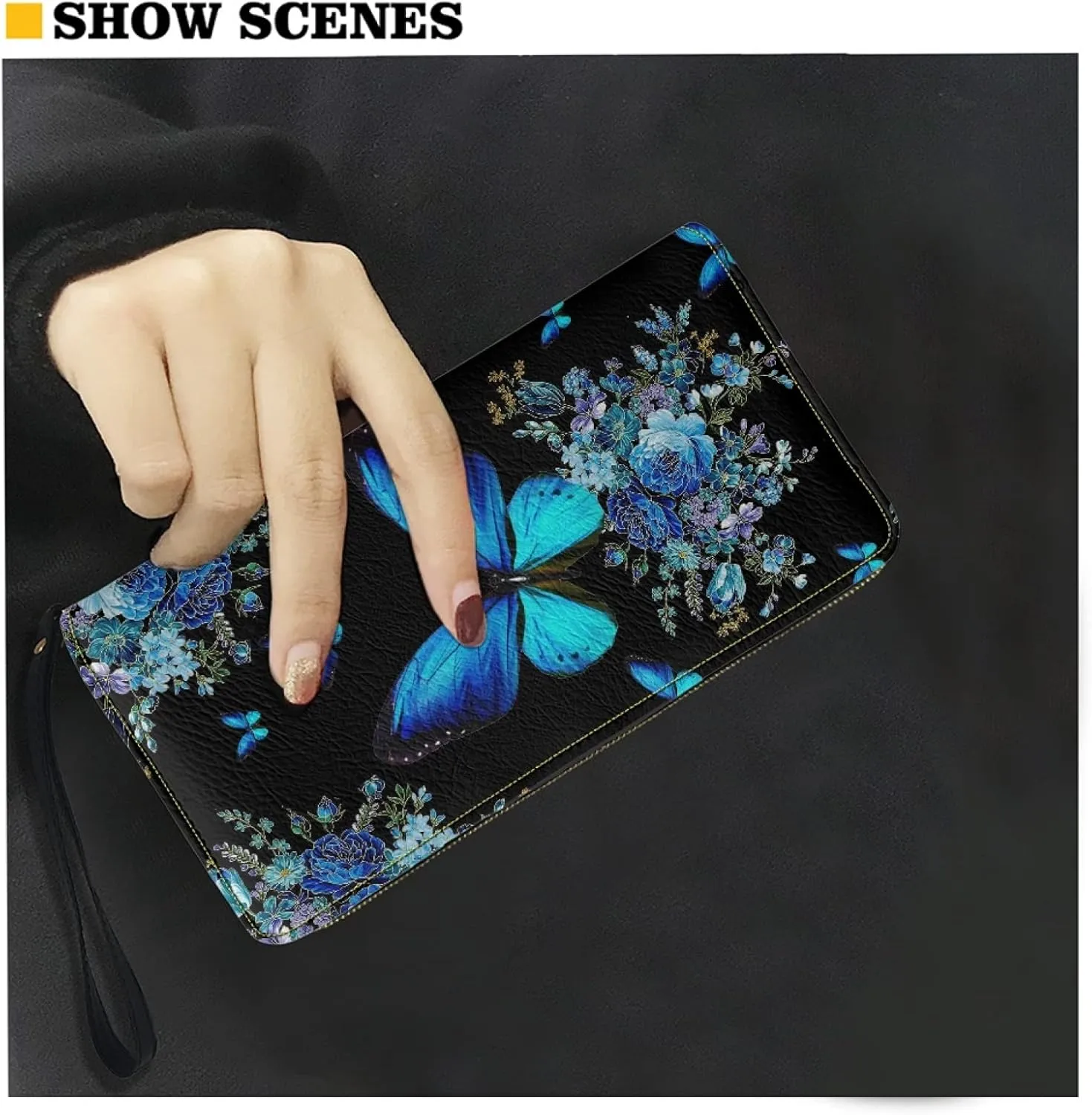 Howilath Blue Butterfly Pattern Zip Around Women Wallet with Coin Pockets, with Wristlet Clutch Phone Bags Travel Purse