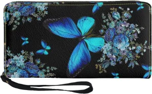 Howilath Blue Butterfly Pattern Zip Around Women Wallet with Coin Pockets, with Wristlet Clutch Phone Bags Travel Purse
