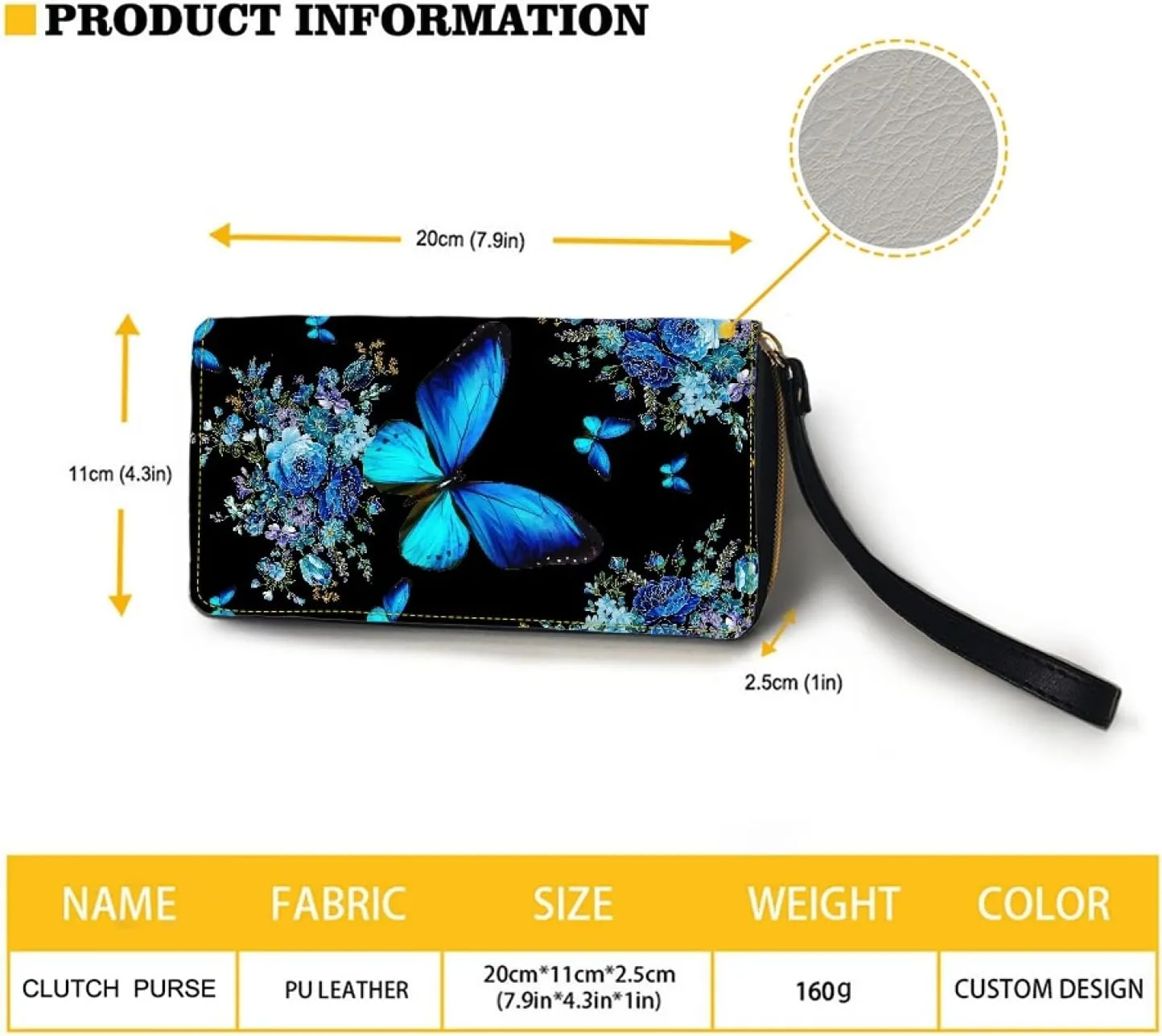 Howilath Blue Butterfly Pattern Zip Around Women Wallet with Coin Pockets, with Wristlet Clutch Phone Bags Travel Purse