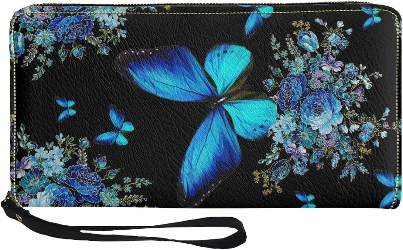 Howilath Blue Butterfly Pattern Zip Around Women Wallet with Coin Pockets, with Wristlet Clutch Phone Bags Travel Purse