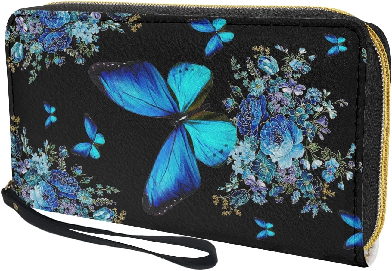 Howilath Blue Butterfly Pattern Zip Around Women Wallet with Coin Pockets, with Wristlet Clutch Phone Bags Travel Purse