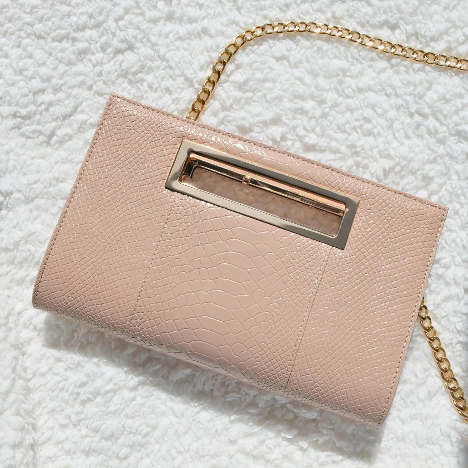 HOXIS Classic Crocodile Pattern Faux Leather Metal Grip Cut it out Clutch with Shoulder Strap Womens Handbag