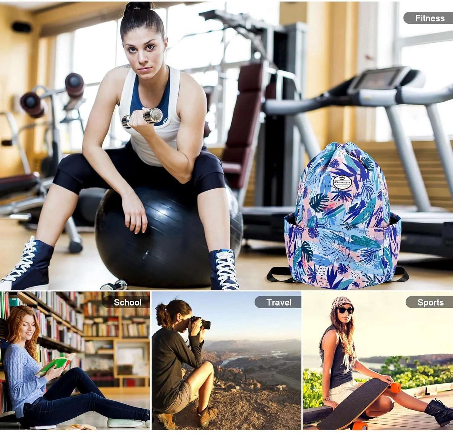 HUA ANGEL Floral Print Drawstring Bag - Lightweight Waterproof Cinch Sackpack with Side Pocket for Men & Women Travel Gym Bag