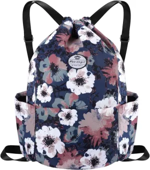 HUA ANGEL Floral Print Drawstring Bag - Lightweight Waterproof Cinch Sackpack with Side Pocket for Men & Women Travel Gym Bag