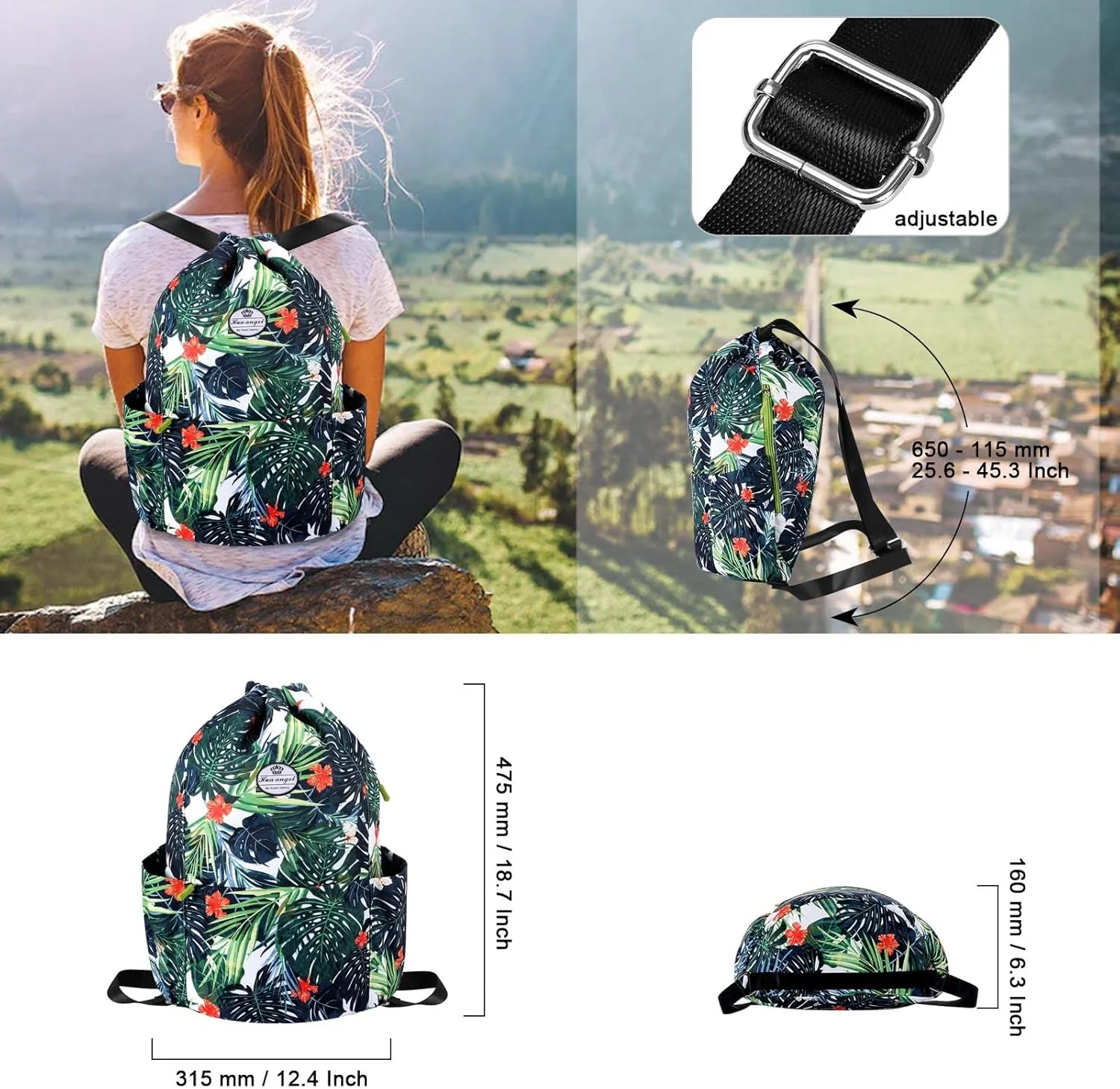 HUA ANGEL Floral Print Drawstring Bag - Lightweight Waterproof Cinch Sackpack with Side Pocket for Men & Women Travel Gym Bag