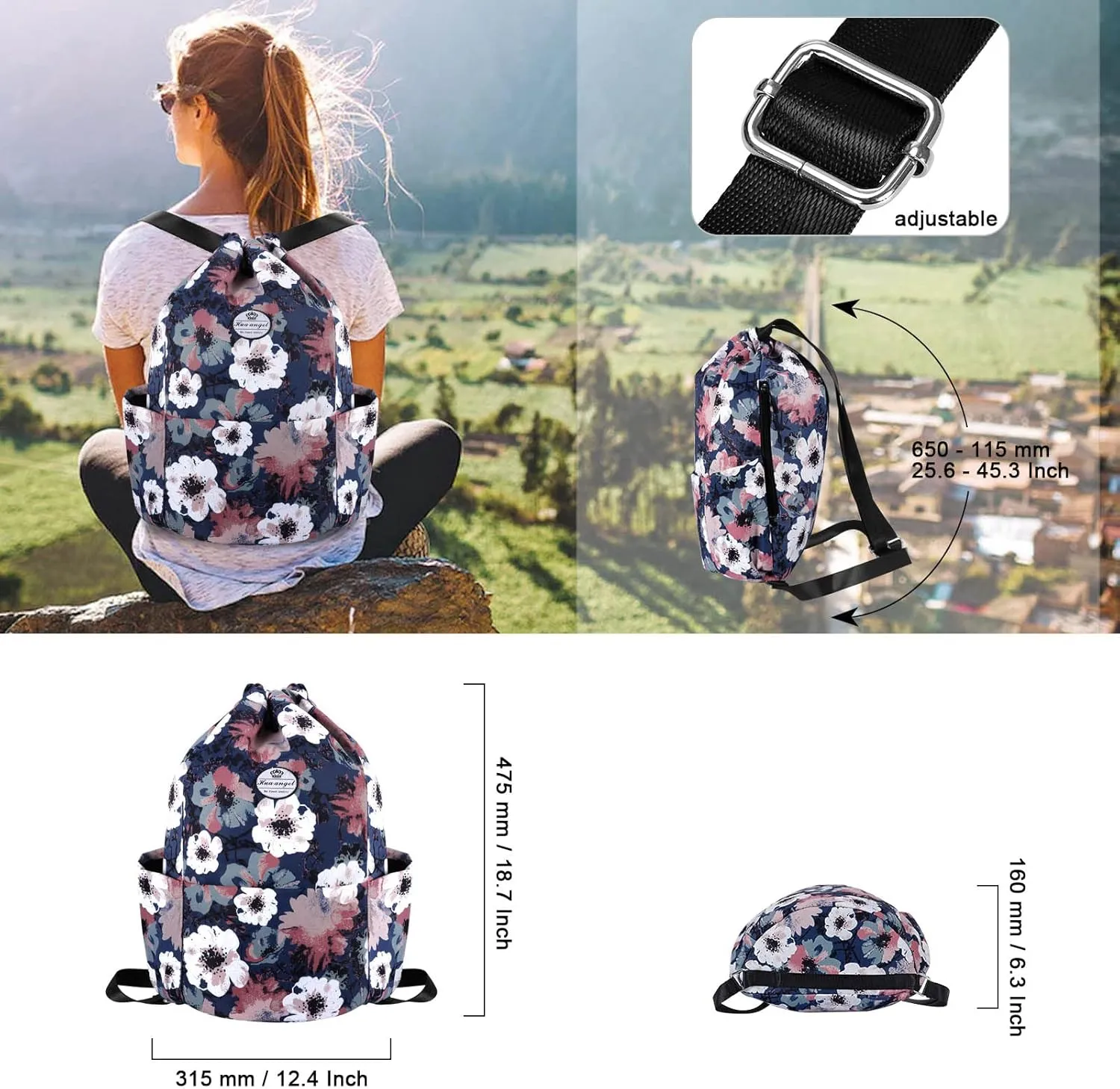HUA ANGEL Floral Print Drawstring Bag - Lightweight Waterproof Cinch Sackpack with Side Pocket for Men & Women Travel Gym Bag