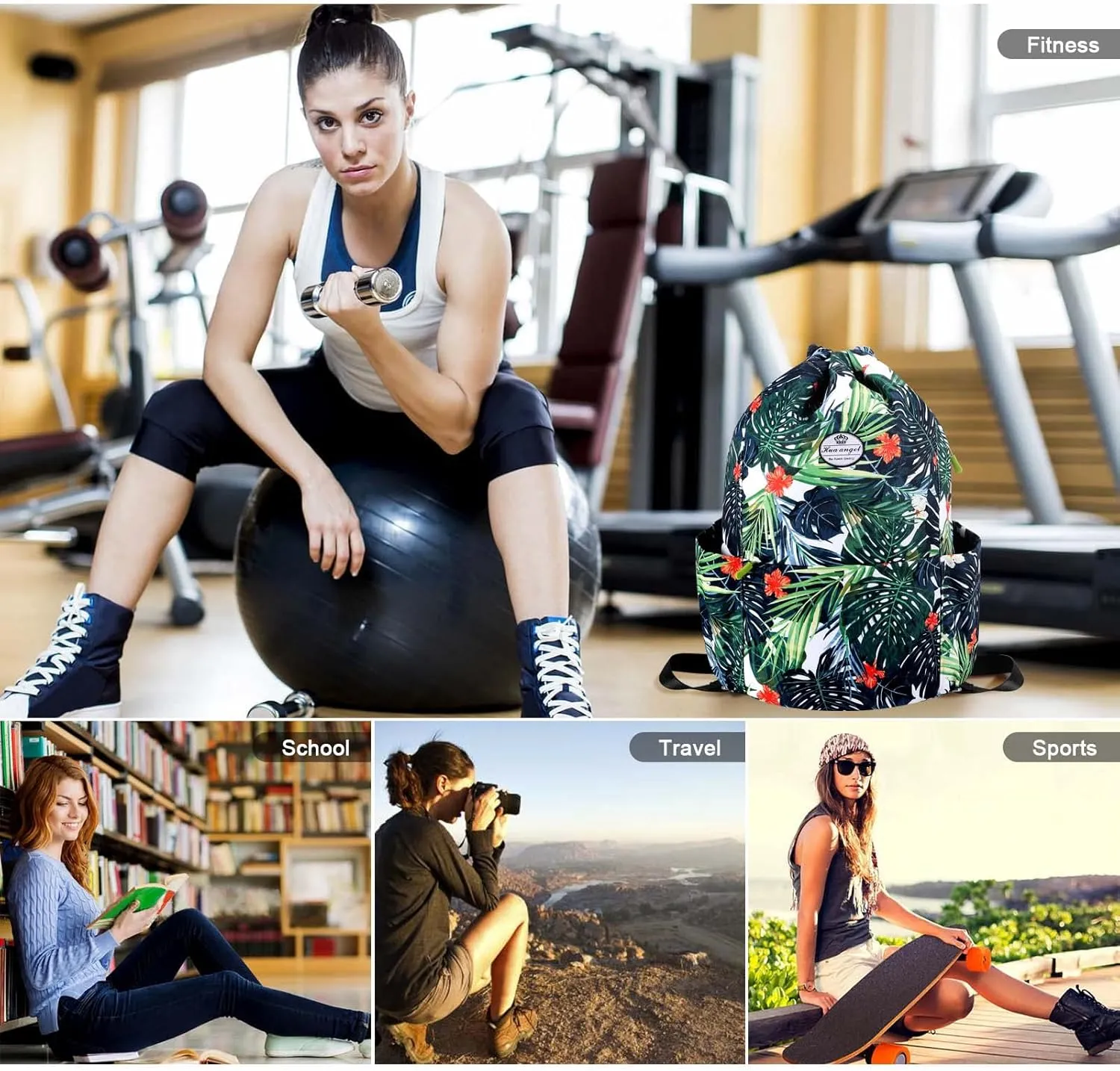 HUA ANGEL Floral Print Drawstring Bag - Lightweight Waterproof Cinch Sackpack with Side Pocket for Men & Women Travel Gym Bag