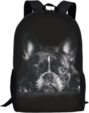 HUGS IDEA Black French Bulldog School Backpack for Boys College Bookbag Lightweight Travel Rucksack Casual Daypack Students Schoolbag