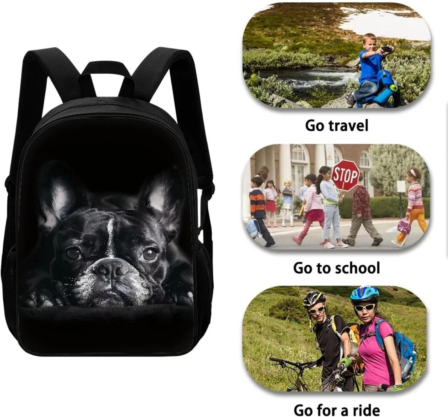 HUGS IDEA Black French Bulldog School Backpack for Boys College Bookbag Lightweight Travel Rucksack Casual Daypack Students Schoolbag