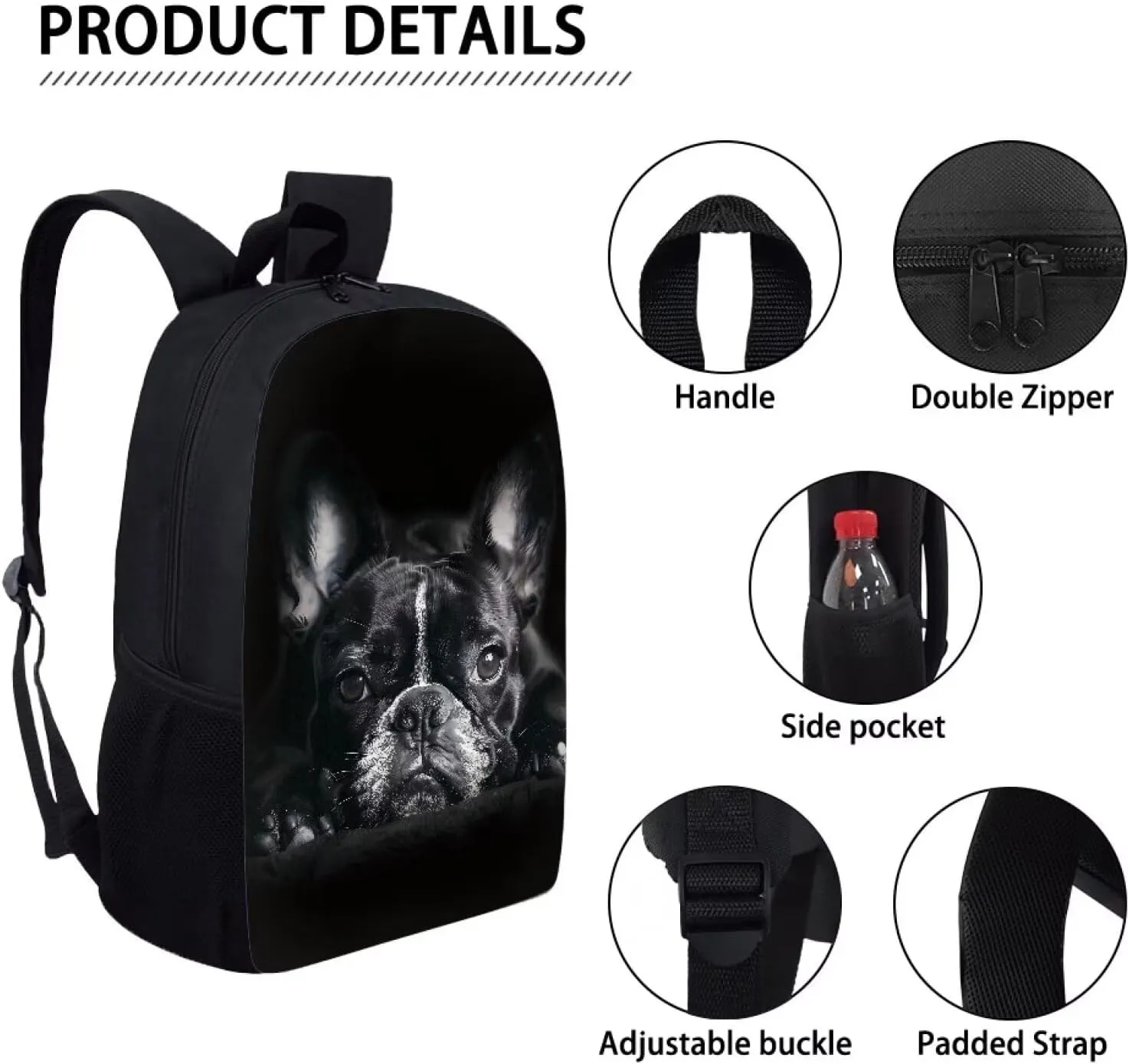 HUGS IDEA Black French Bulldog School Backpack for Boys College Bookbag Lightweight Travel Rucksack Casual Daypack Students Schoolbag