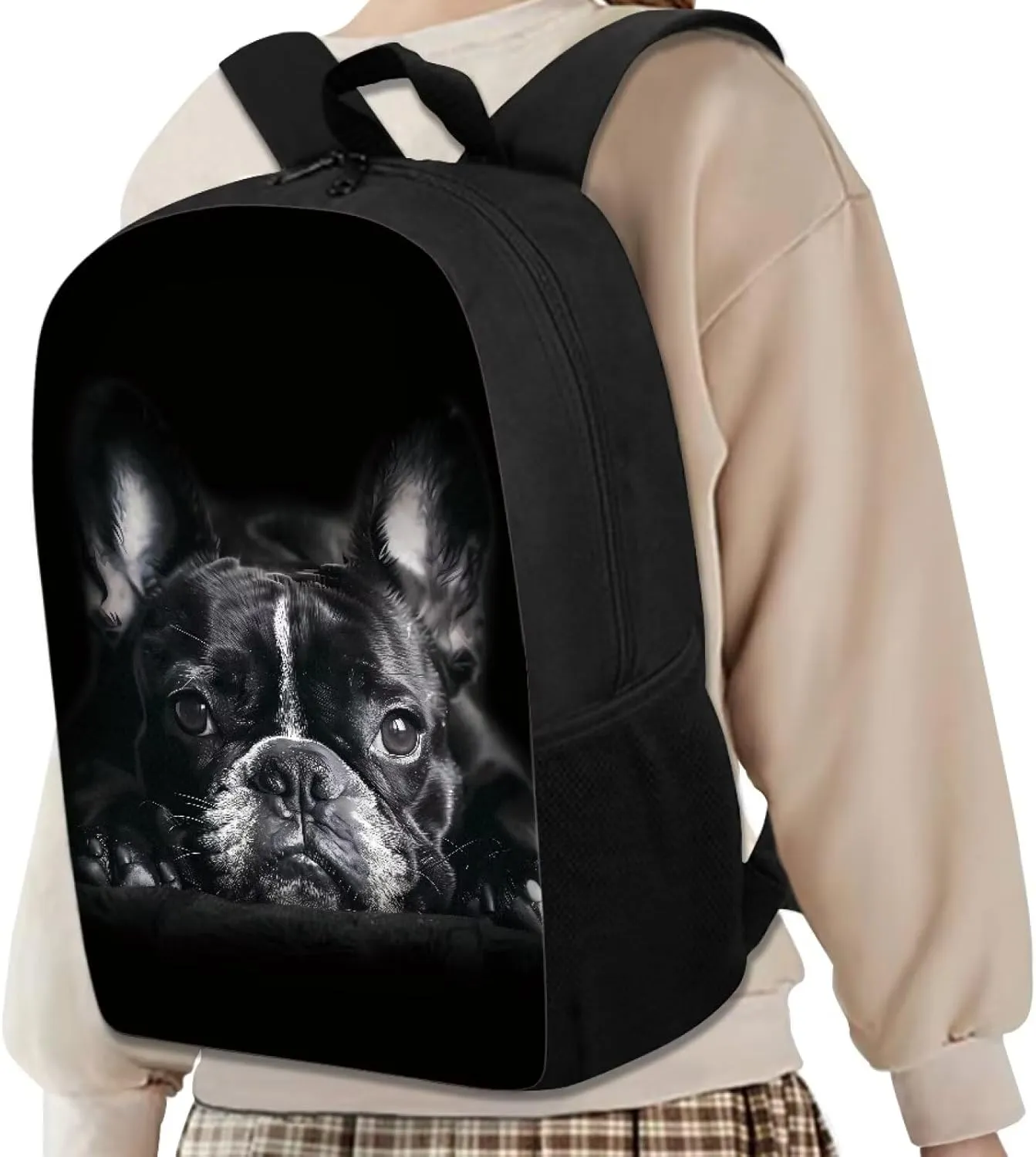 HUGS IDEA Black French Bulldog School Backpack for Boys College Bookbag Lightweight Travel Rucksack Casual Daypack Students Schoolbag