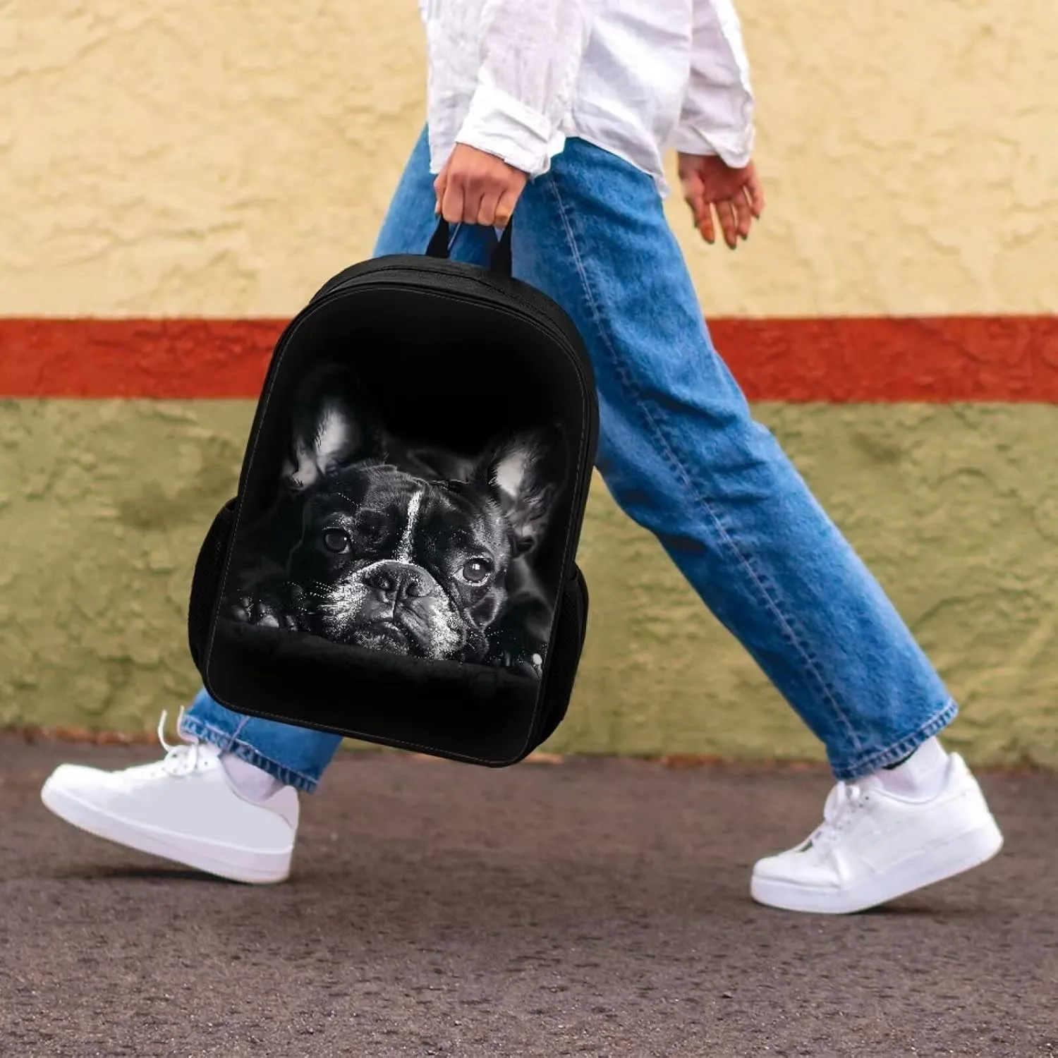 HUGS IDEA Black French Bulldog School Backpack for Boys College Bookbag Lightweight Travel Rucksack Casual Daypack Students Schoolbag