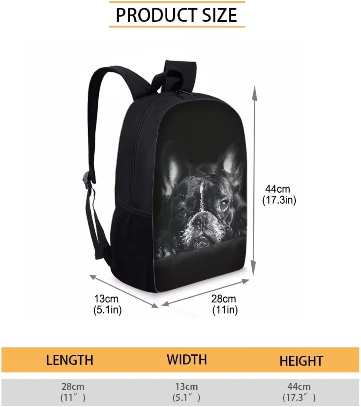 HUGS IDEA Black French Bulldog School Backpack for Boys College Bookbag Lightweight Travel Rucksack Casual Daypack Students Schoolbag