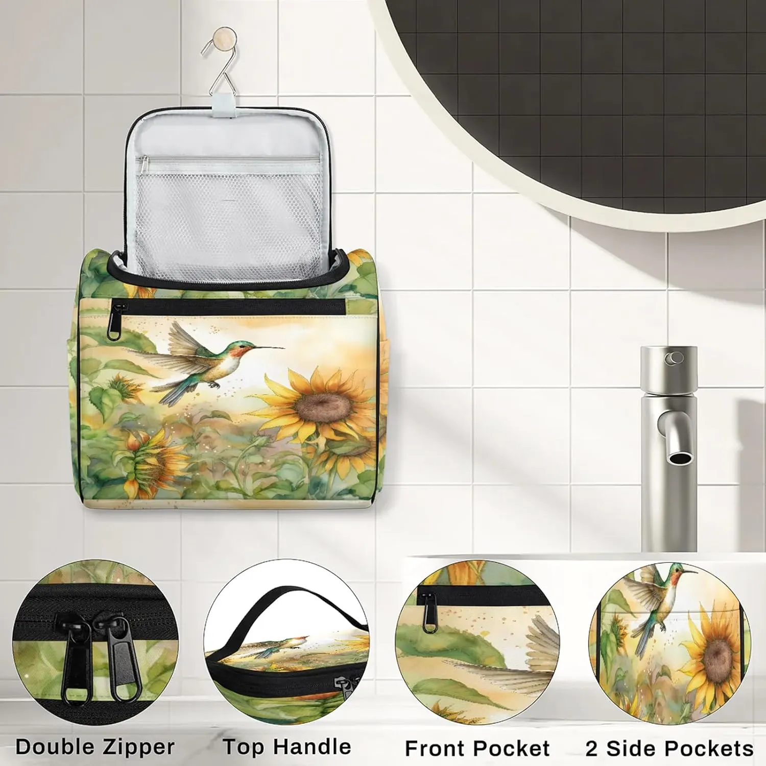 Hummingbirds Print Large Makeup Bag Travel Make Up Organizer for Women Girls Cosmetic Bag Organizer With Handle