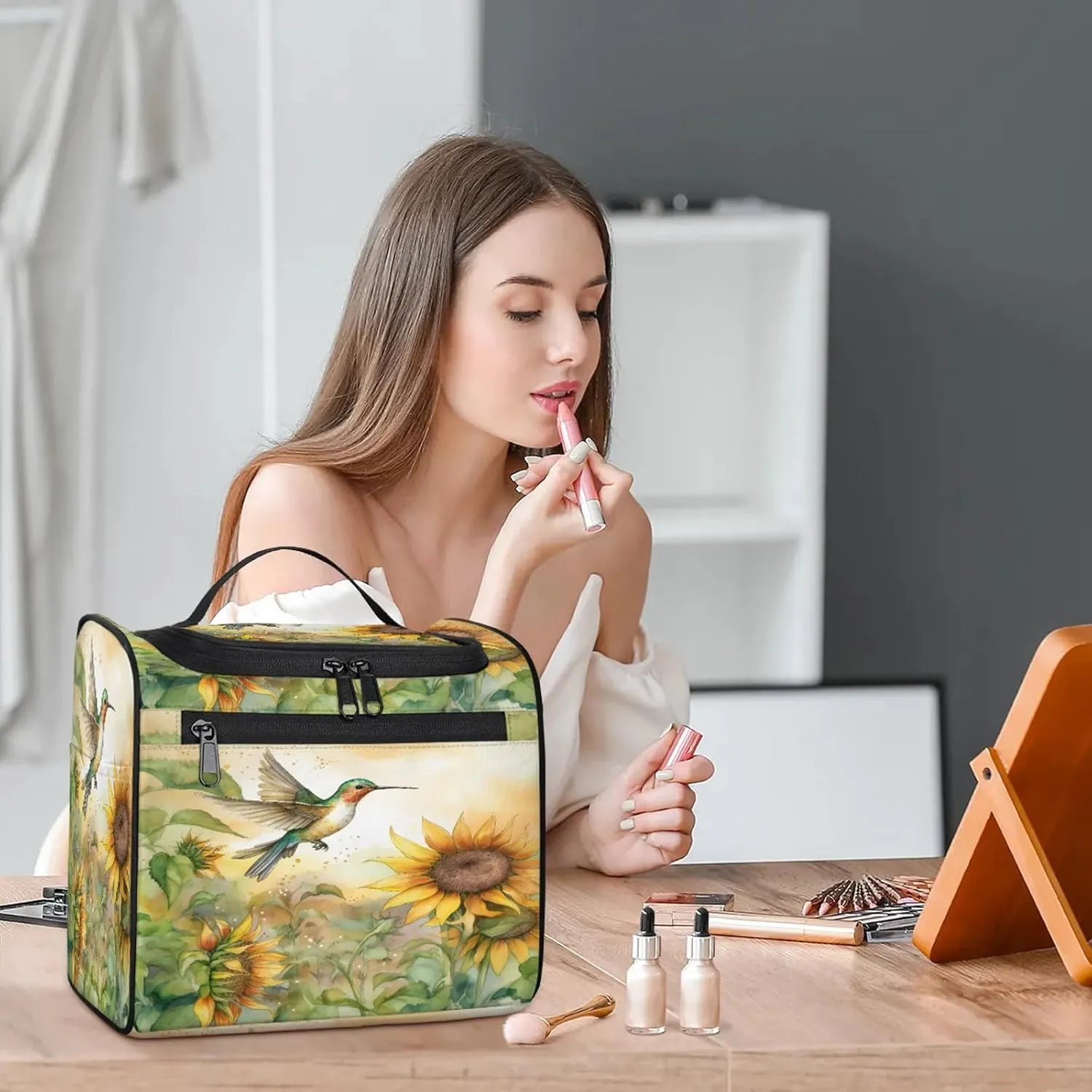 Hummingbirds Print Large Makeup Bag Travel Make Up Organizer for Women Girls Cosmetic Bag Organizer With Handle
