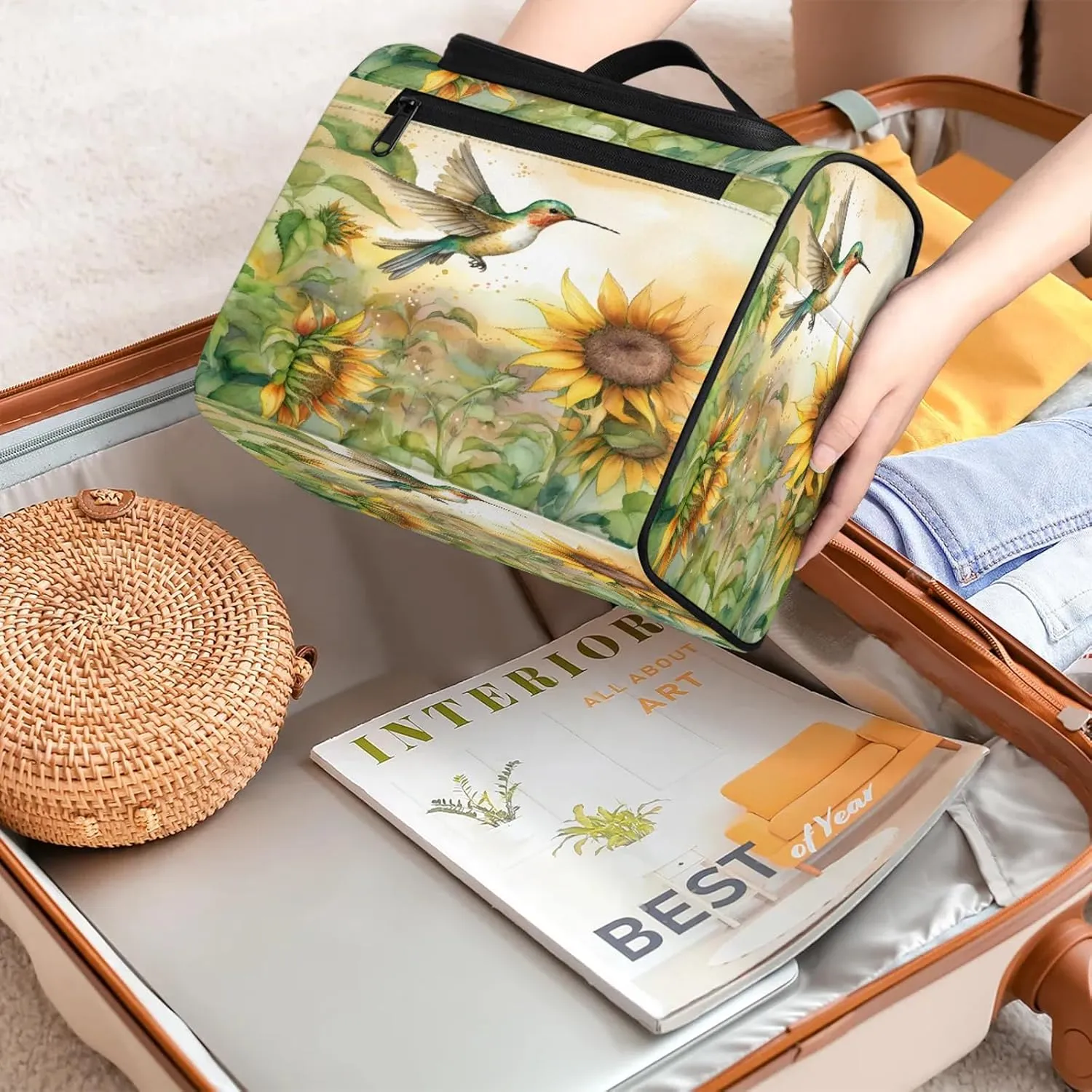 Hummingbirds Print Large Makeup Bag Travel Make Up Organizer for Women Girls Cosmetic Bag Organizer With Handle