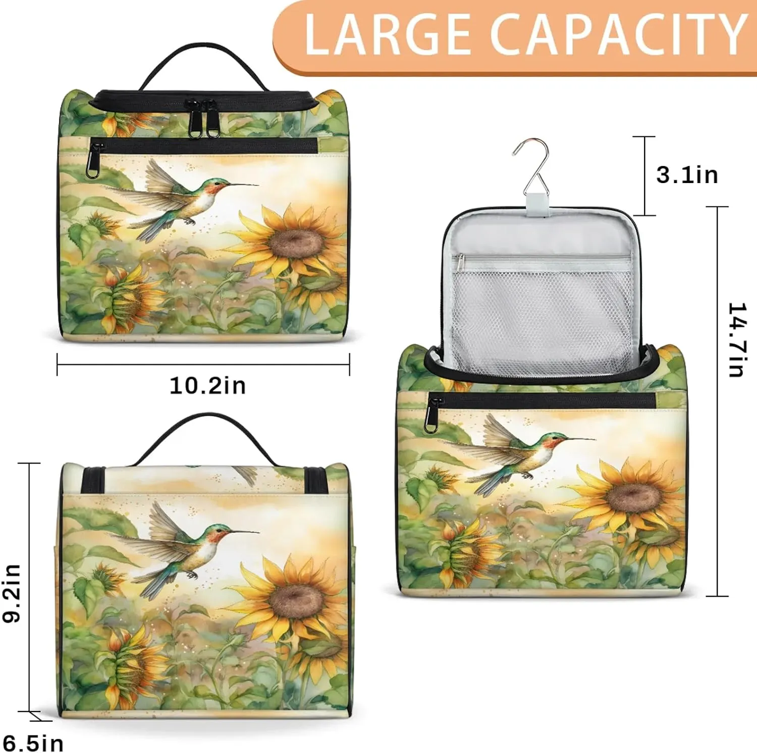 Hummingbirds Print Large Makeup Bag Travel Make Up Organizer for Women Girls Cosmetic Bag Organizer With Handle
