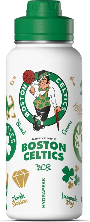 Hydrapeak x NBA Officially Licensed Celtics 32oz Active Water Bottle Chug Lid Stainless Steel Reusable Double Wall Celebrating The City Of Boston