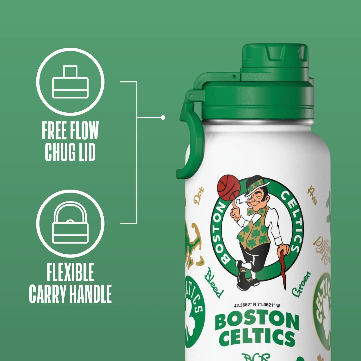 Hydrapeak x NBA Officially Licensed Celtics 32oz Active Water Bottle Chug Lid Stainless Steel Reusable Double Wall Celebrating The City Of Boston