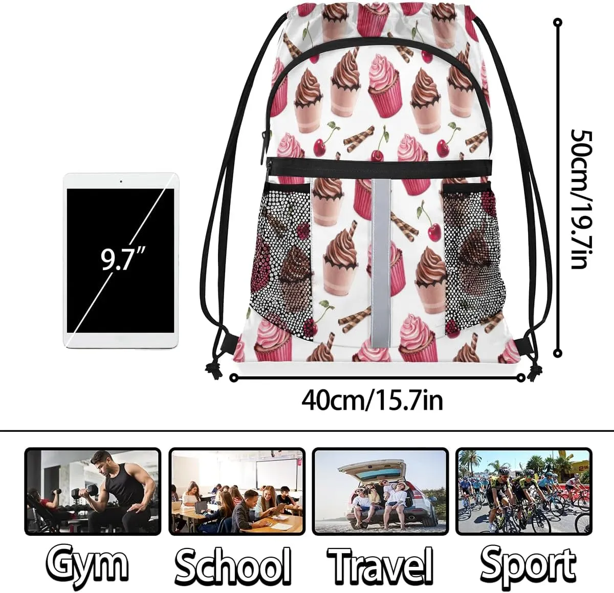Ice Cream Cherry Drawstring Backpack Sports Gym Bag for Men Women Draw String Polyester Sackpack Reflective String Bags Cinch Bag with Zipper Pockets and Mesh Pockets