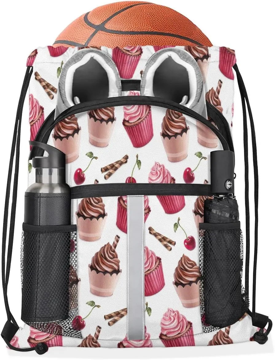 Ice Cream Cherry Drawstring Backpack Sports Gym Bag for Men Women Draw String Polyester Sackpack Reflective String Bags Cinch Bag with Zipper Pockets and Mesh Pockets