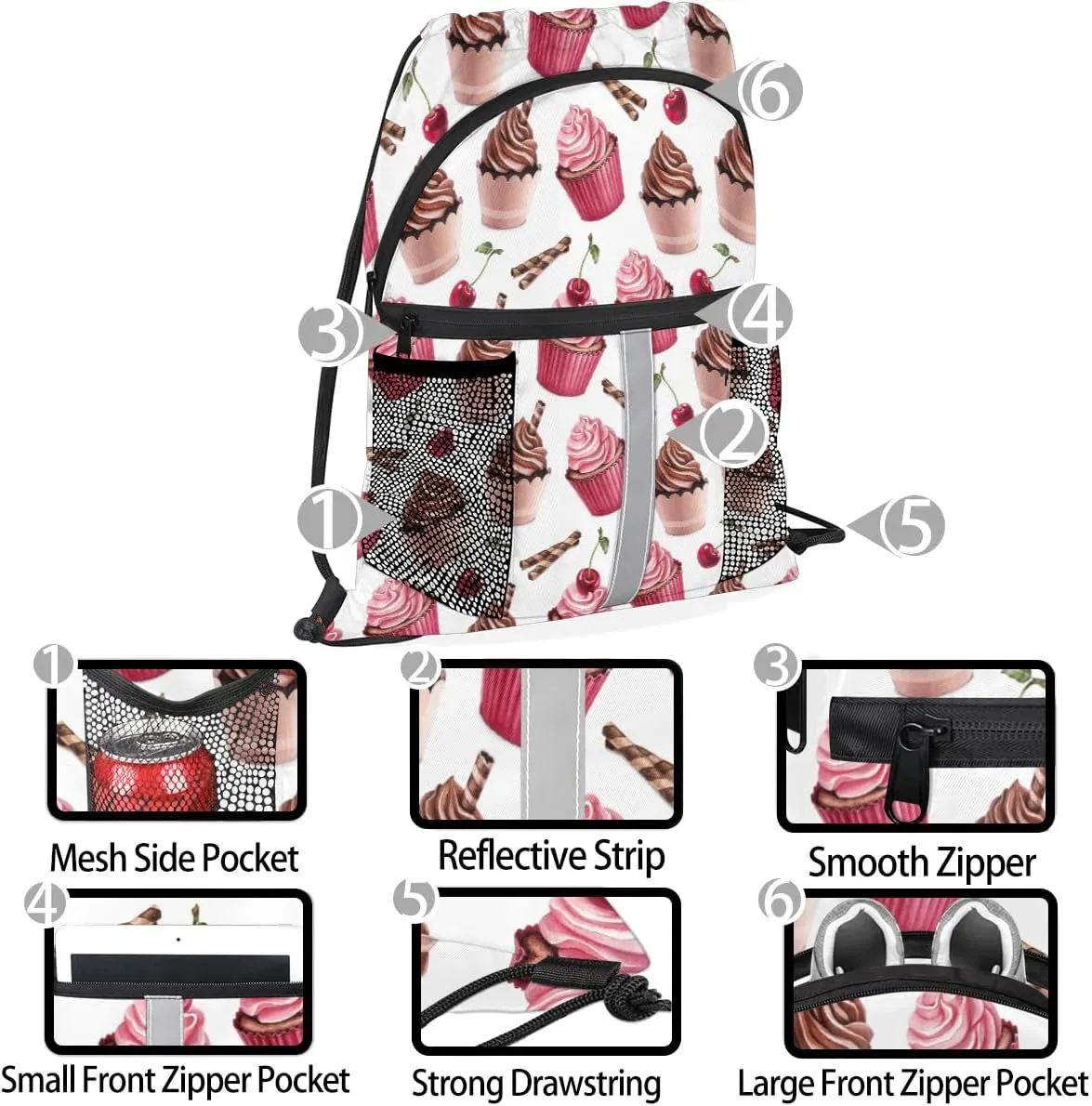 Ice Cream Cherry Drawstring Backpack Sports Gym Bag for Men Women Draw String Polyester Sackpack Reflective String Bags Cinch Bag with Zipper Pockets and Mesh Pockets