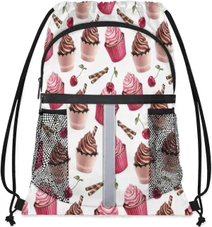 Ice Cream Cherry Drawstring Backpack Sports Gym Bag for Men Women Draw String Polyester Sackpack Reflective String Bags Cinch Bag with Zipper Pockets and Mesh Pockets
