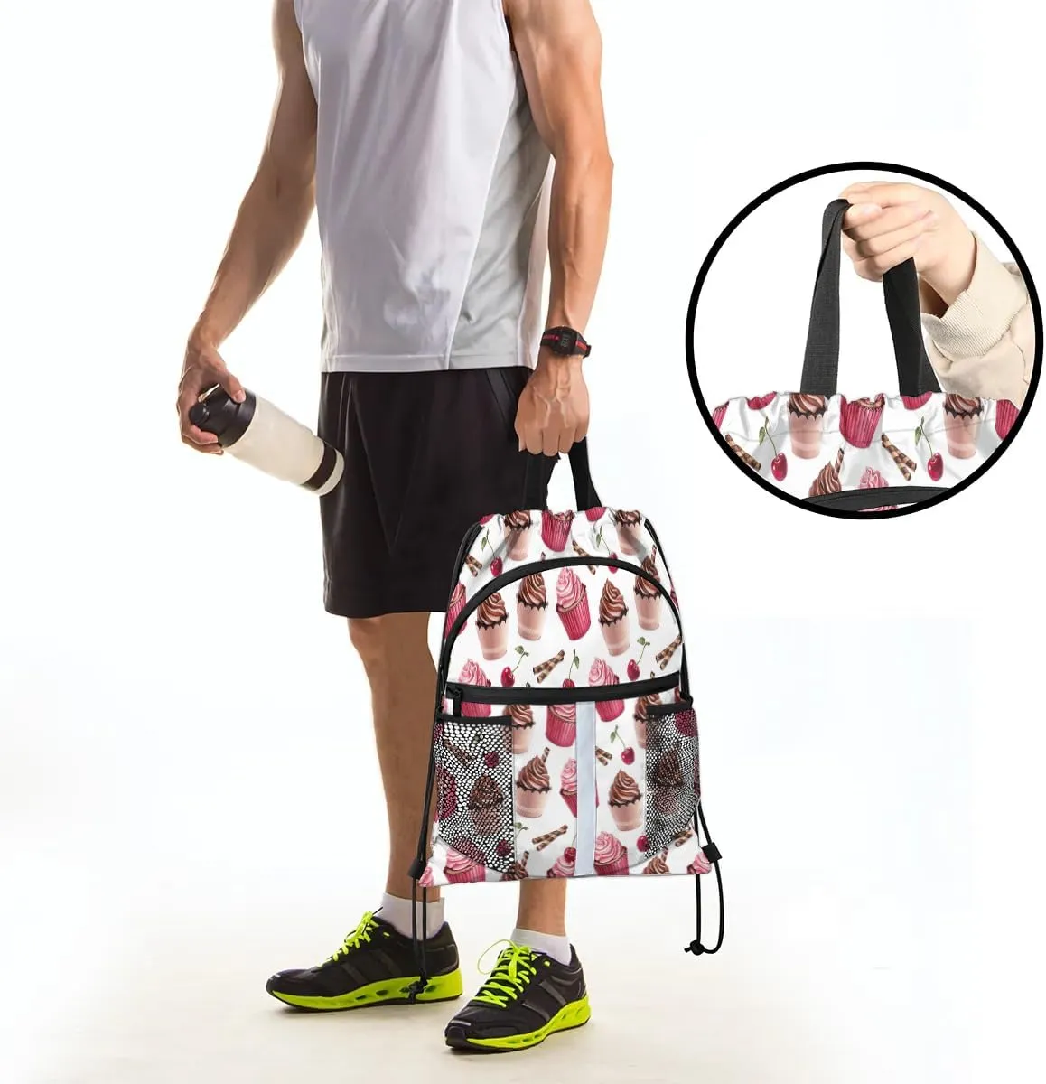 Ice Cream Cherry Drawstring Backpack Sports Gym Bag for Men Women Draw String Polyester Sackpack Reflective String Bags Cinch Bag with Zipper Pockets and Mesh Pockets