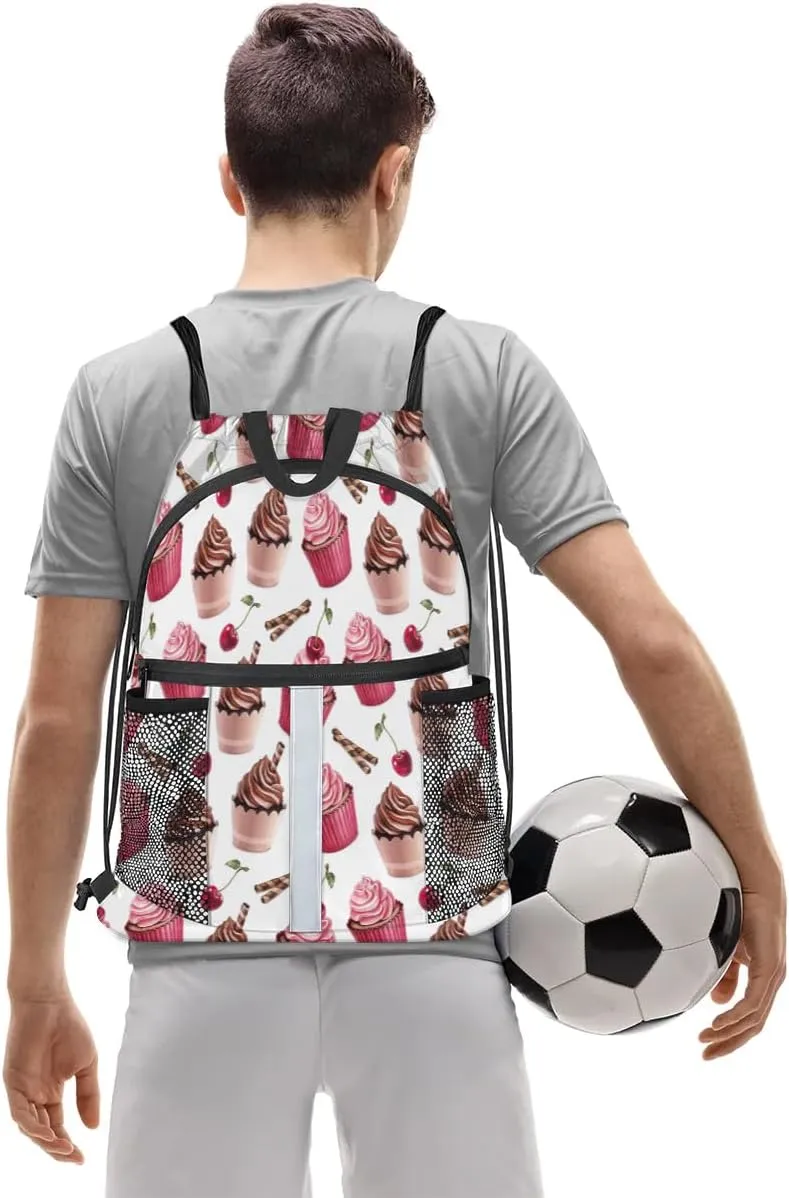 Ice Cream Cherry Drawstring Backpack Sports Gym Bag for Men Women Draw String Polyester Sackpack Reflective String Bags Cinch Bag with Zipper Pockets and Mesh Pockets