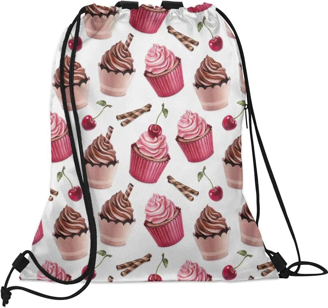 Ice Cream Cherry Drawstring Backpack Sports Gym Bag for Men Women Draw String Polyester Sackpack Reflective String Bags Cinch Bag with Zipper Pockets and Mesh Pockets