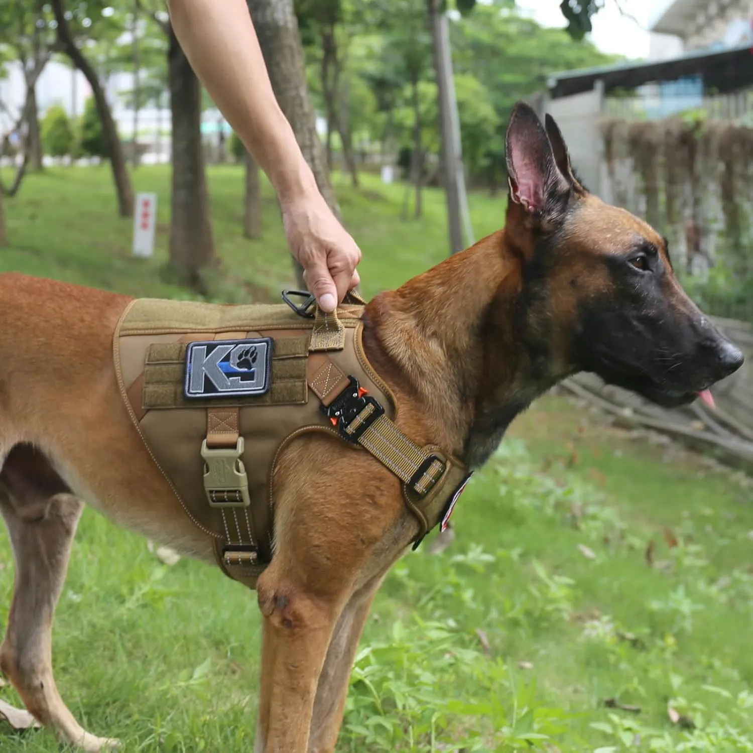 ICEFANG GN1 Reflective Tactical Dog Harness Large Sized, MOLLE K9 Dog Vest with 2X Metal Buckles,Adjustable Pet Harness, No Pulling Front Leash Clip (Large (Pack of 1), Brown)