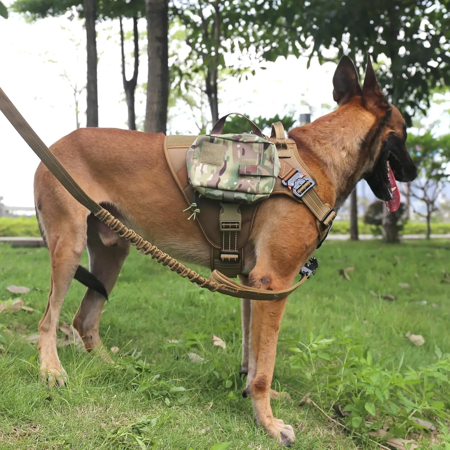 ICEFANG GN1 Reflective Tactical Dog Harness Large Sized, MOLLE K9 Dog Vest with 2X Metal Buckles,Adjustable Pet Harness, No Pulling Front Leash Clip (Large (Pack of 1), Brown)