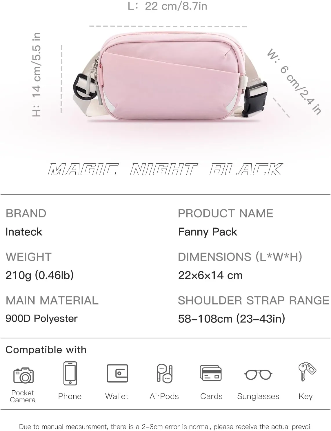 Inateck Sling Bag X-Mini, Durable Fanny Pack with RFID Blocking, Water-resistant Belt Waist Bag with Quick-adjust Strap, Stylish Waist Pack for Men, Women, Travel, Hiking, Cycling, Work, Sports, Pink