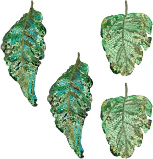 INFUNLY 4 PCS Green Leaves Sew On Patches Leaf Plant Sequin Fabric Patches Sequin Embroidered Appliques DIY Sparkly Sewing Apparel for Clothing Jeans Jackets Handbag Shoes DIY Decor