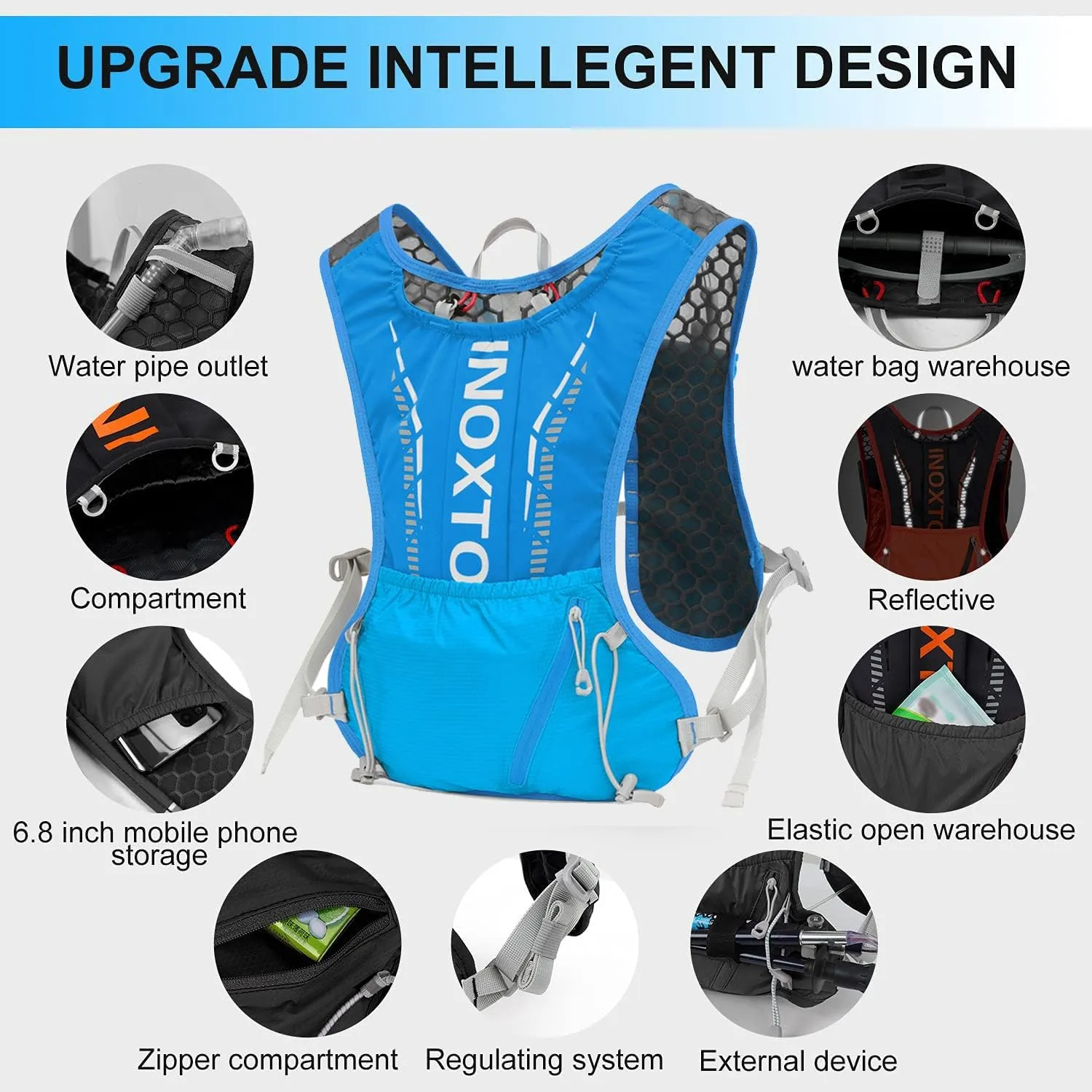 INOXTO Hydration Vest Backpack,Lightweight Water Running Vest Pack with 1.5L Water Bladder Bag Daypack for Hiking Trail Running Cycling Race Marathon for Women Men