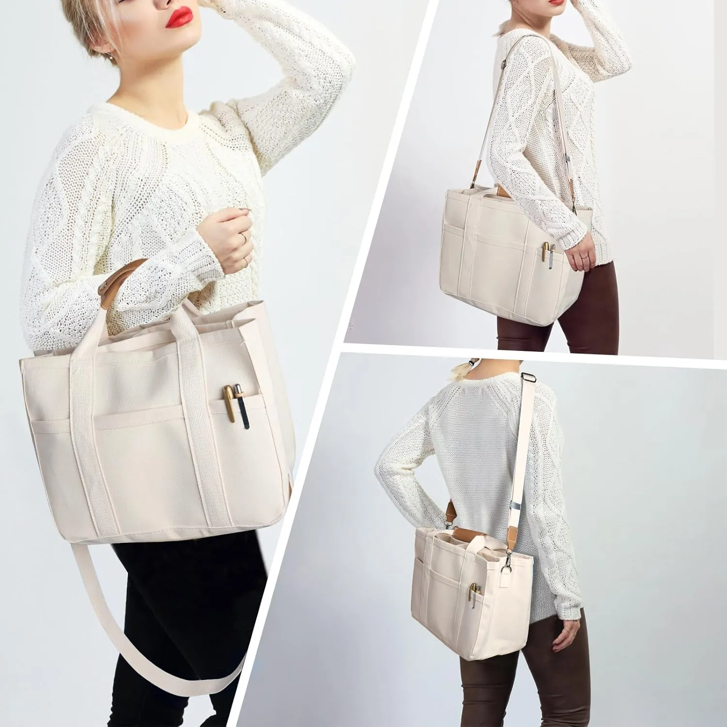 IwIeIaIrI Canvas Tote Bag for Women with Multi Pockets,Trendy Shoulder Handbag with Compartments for shopping,Work,Beach
