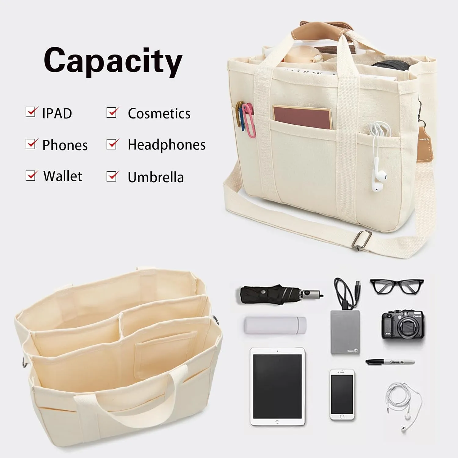 IwIeIaIrI Canvas Tote Bag for Women with Multi Pockets,Trendy Shoulder Handbag with Compartments for shopping,Work,Beach