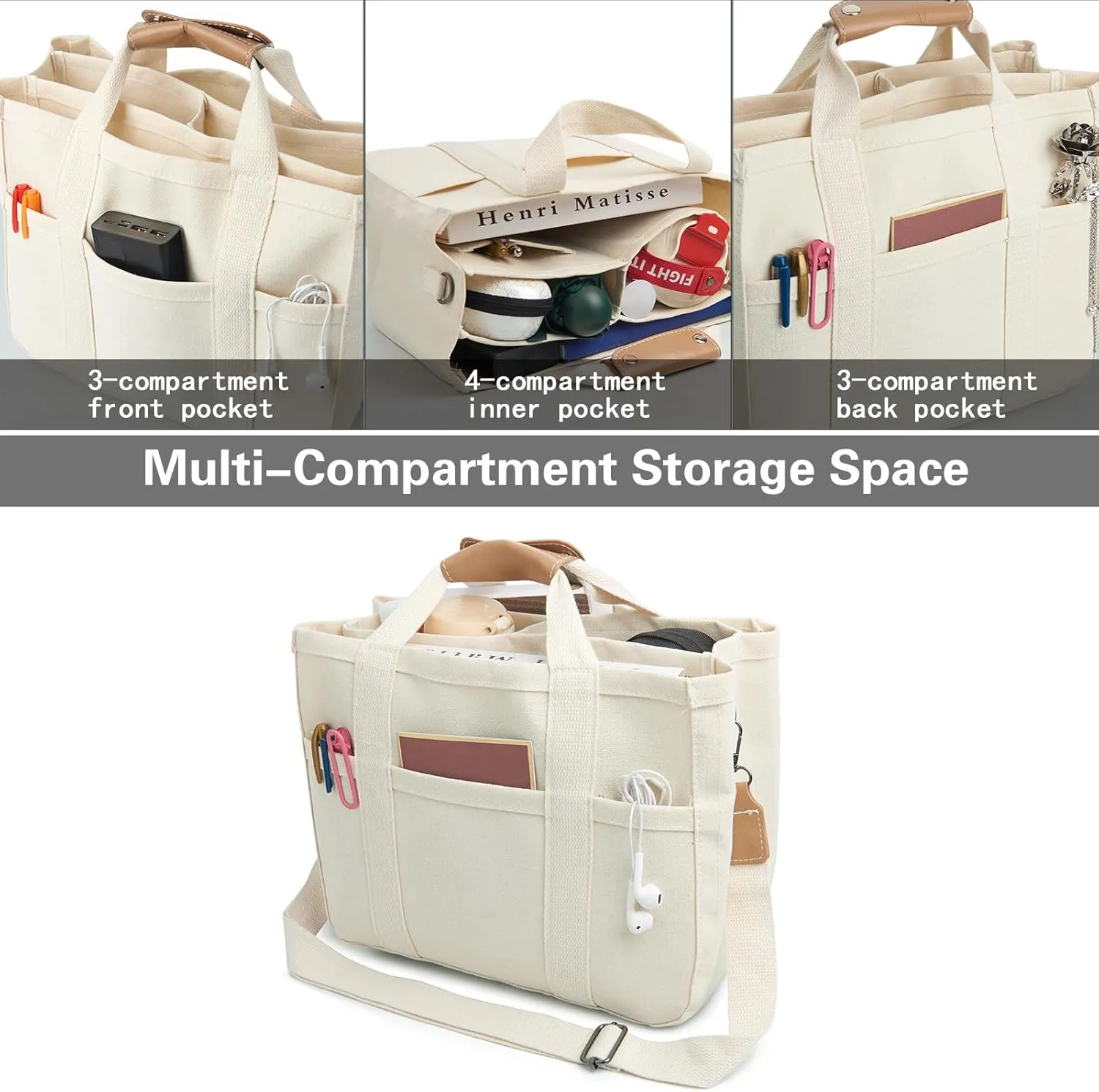 IwIeIaIrI Canvas Tote Bag for Women with Multi Pockets,Trendy Shoulder Handbag with Compartments for shopping,Work,Beach