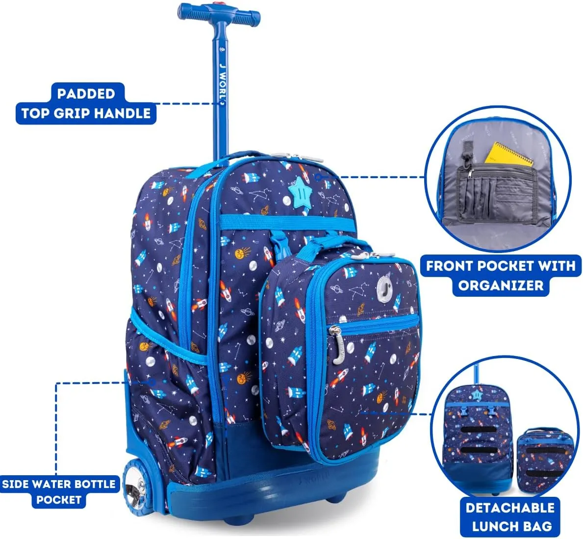 J World New York Unisex Kid's Duo Rolling Backpack with Lunch Box Set, Spaceship, One Size