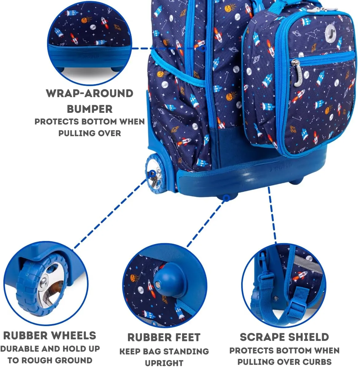 J World New York Unisex Kid's Duo Rolling Backpack with Lunch Box Set, Spaceship, One Size