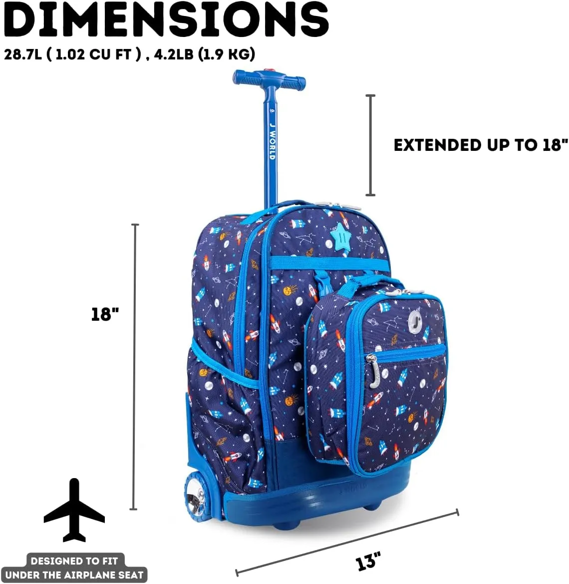 J World New York Unisex Kid's Duo Rolling Backpack with Lunch Box Set, Spaceship, One Size