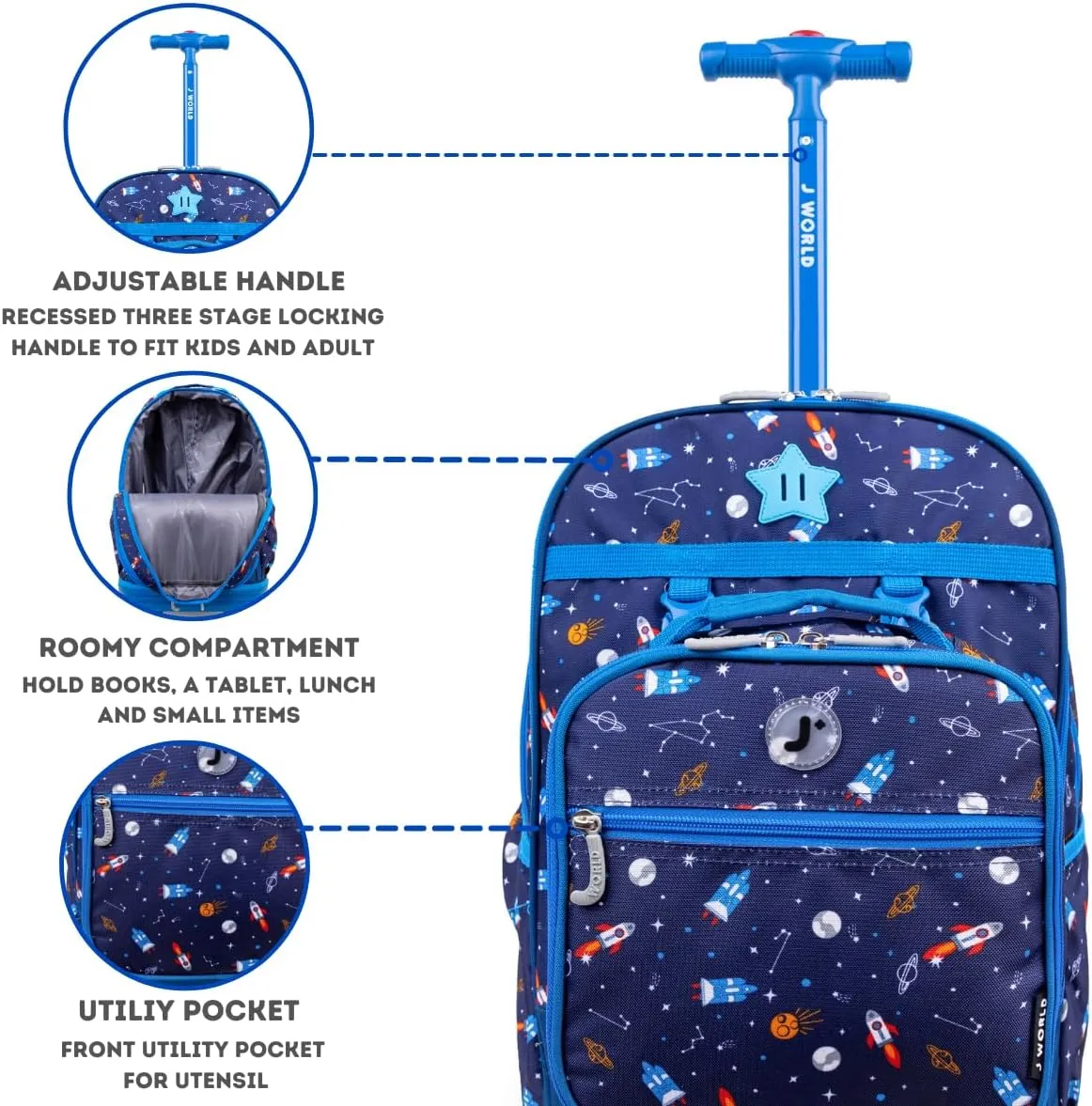 J World New York Unisex Kid's Duo Rolling Backpack with Lunch Box Set, Spaceship, One Size