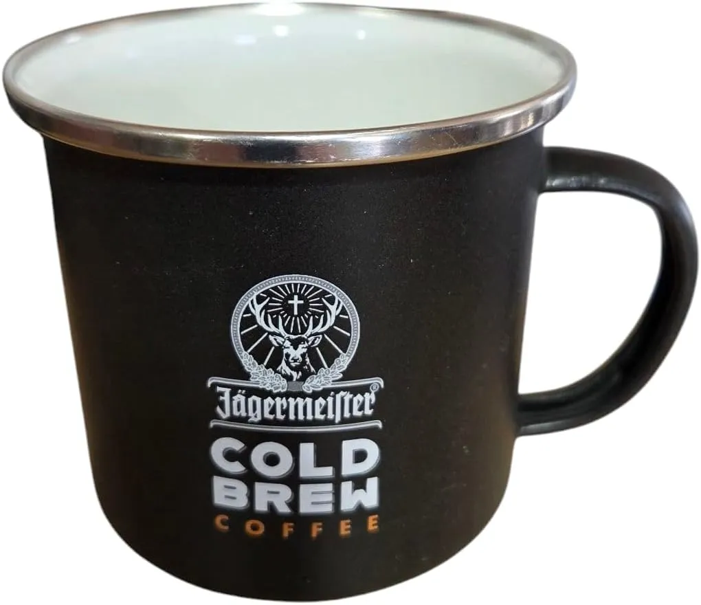 Jagermeister Cold Brew Coffee Mug, Black Metal, Silver Rim