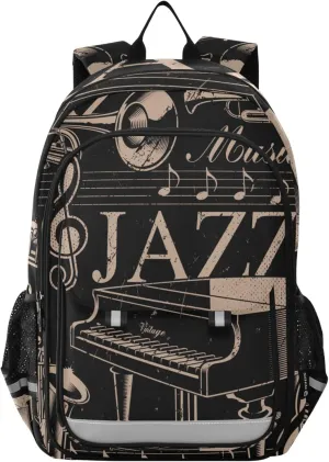 Jazz Music Notes Backpack Lightweight Bookbag Travel Laptop Backpack College School Computer Bag with Reflective Stripes