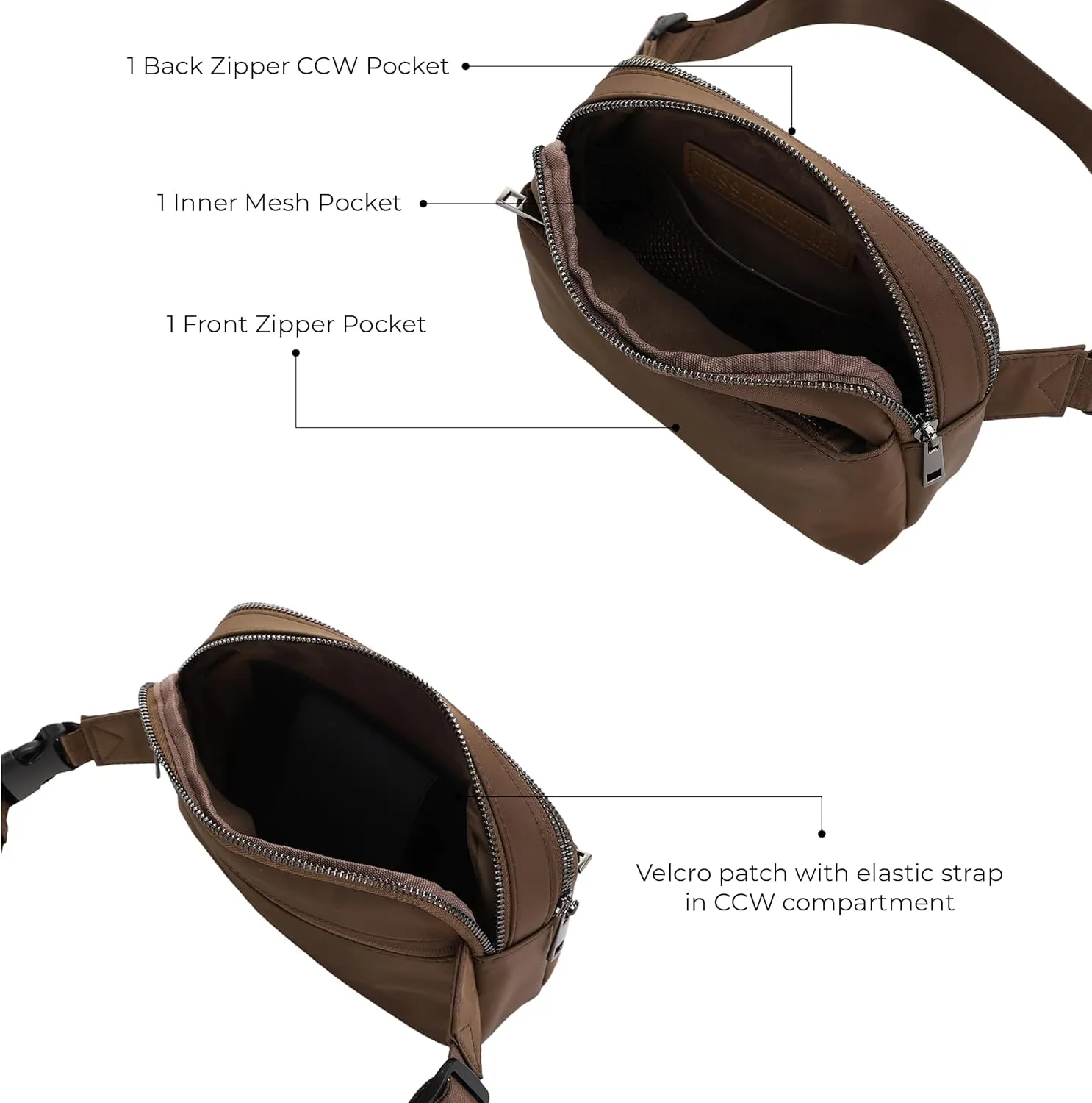 Jessie & James Crossbody Nylon Waist Pack with Adjustable Buckle Strap Fashion Multi Pocket Belt Bag| Brown