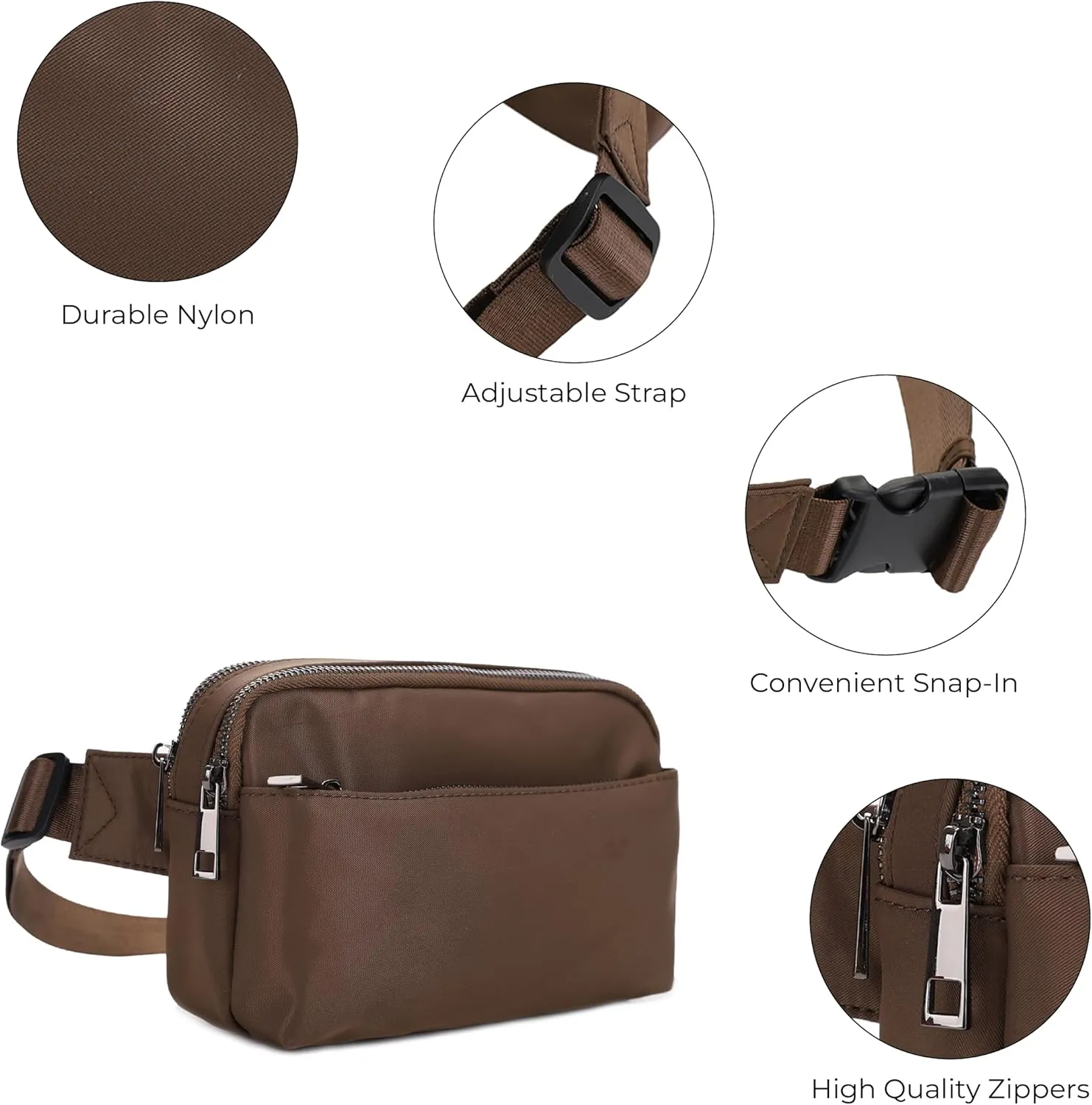 Jessie & James Crossbody Nylon Waist Pack with Adjustable Buckle Strap Fashion Multi Pocket Belt Bag| Brown