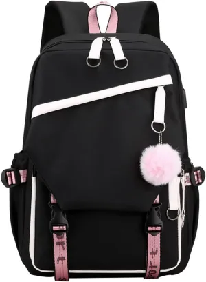 JiaYou Teen Girls Laptop Backpack Junior Middle School Daypack with USB Charge Port(Black,19 Liters)