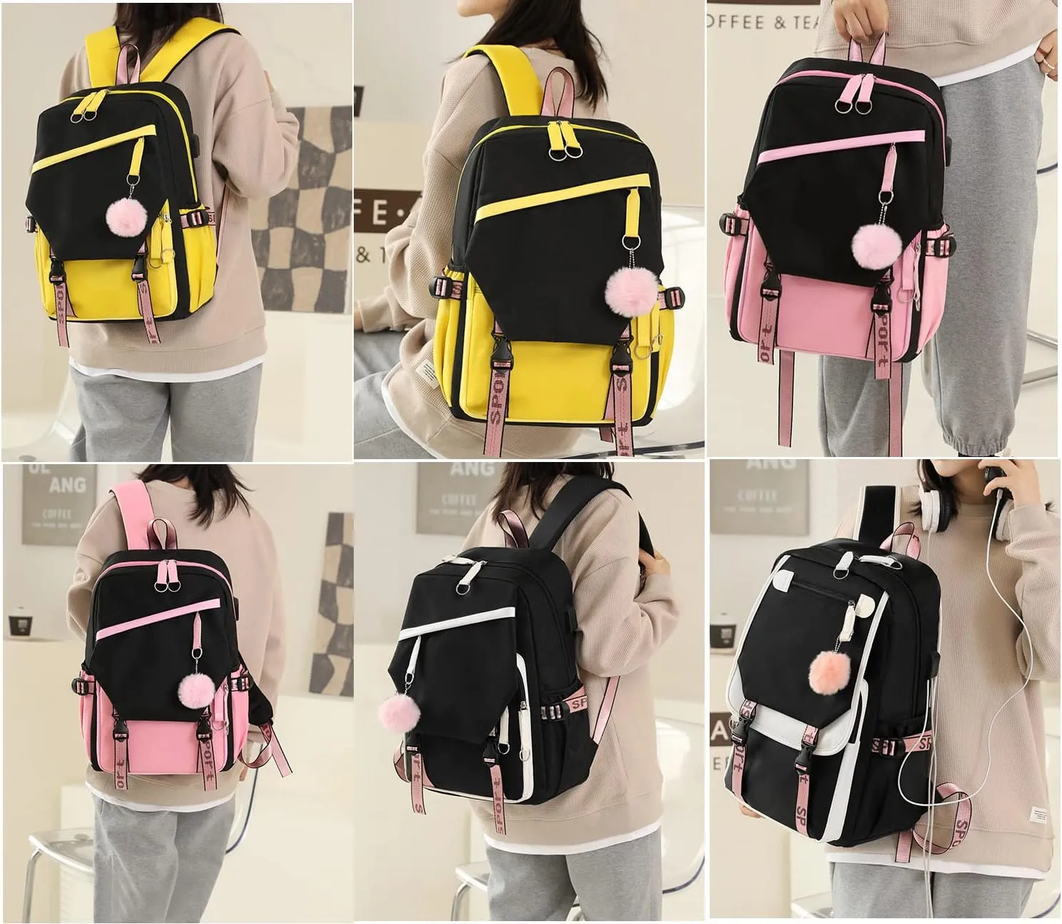JiaYou Teen Girls Laptop Backpack Junior Middle School Daypack with USB Charge Port(Black,19 Liters)